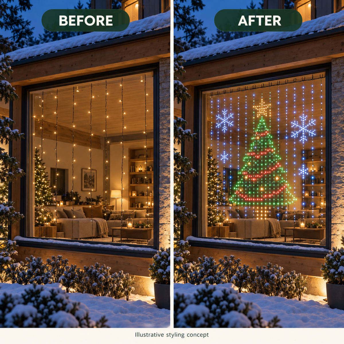 Illustrative before and after concept: warm-white lights compared with a festive pixel curtain on the same window