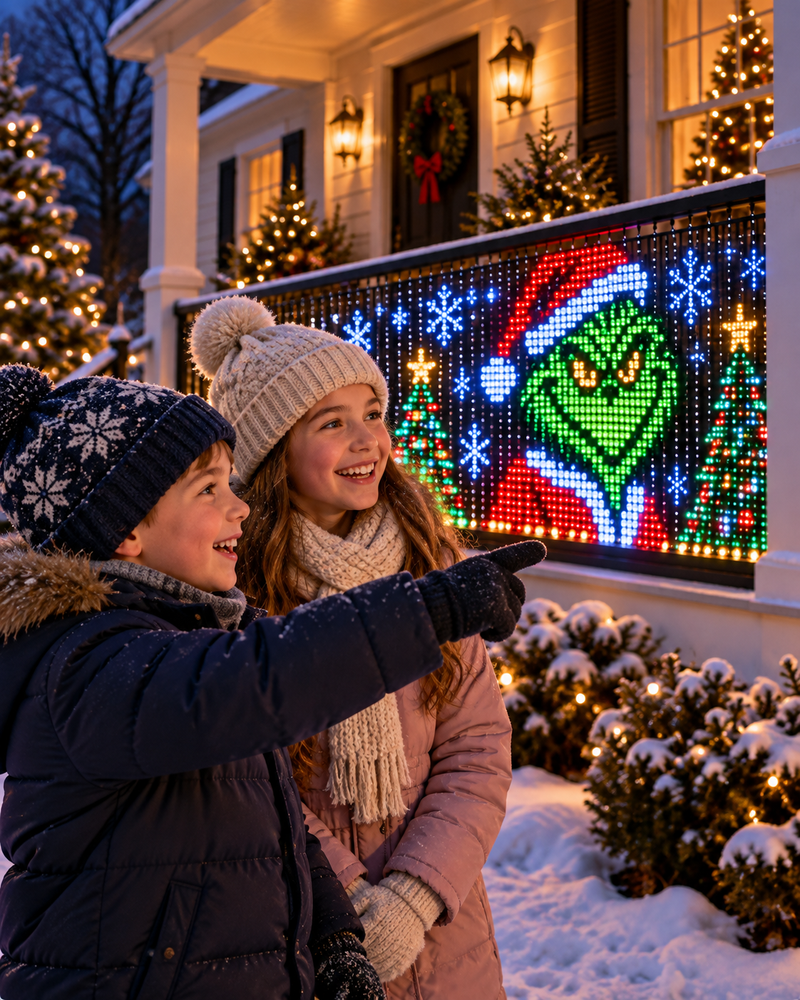 Children enjoying a festive pixel light display outside a home