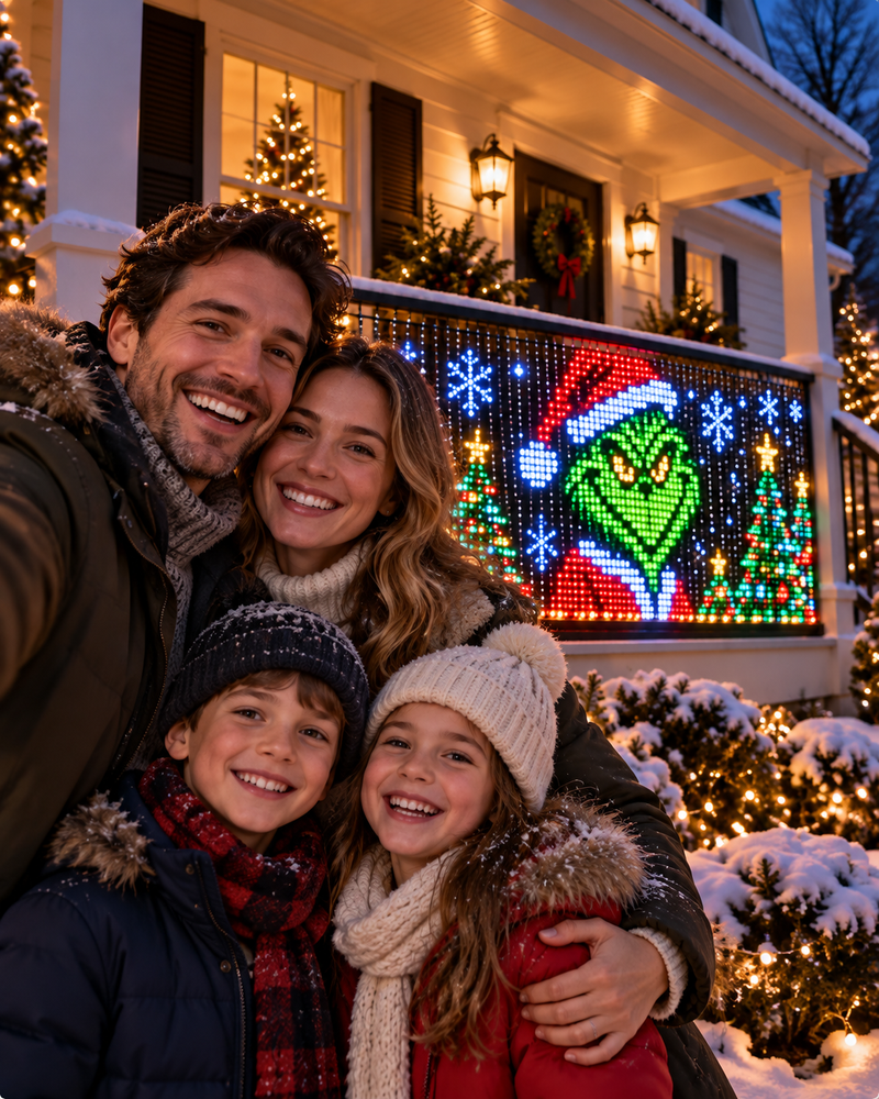 A family sharing a Christmas moment beside pixel curtain lights on an American porch