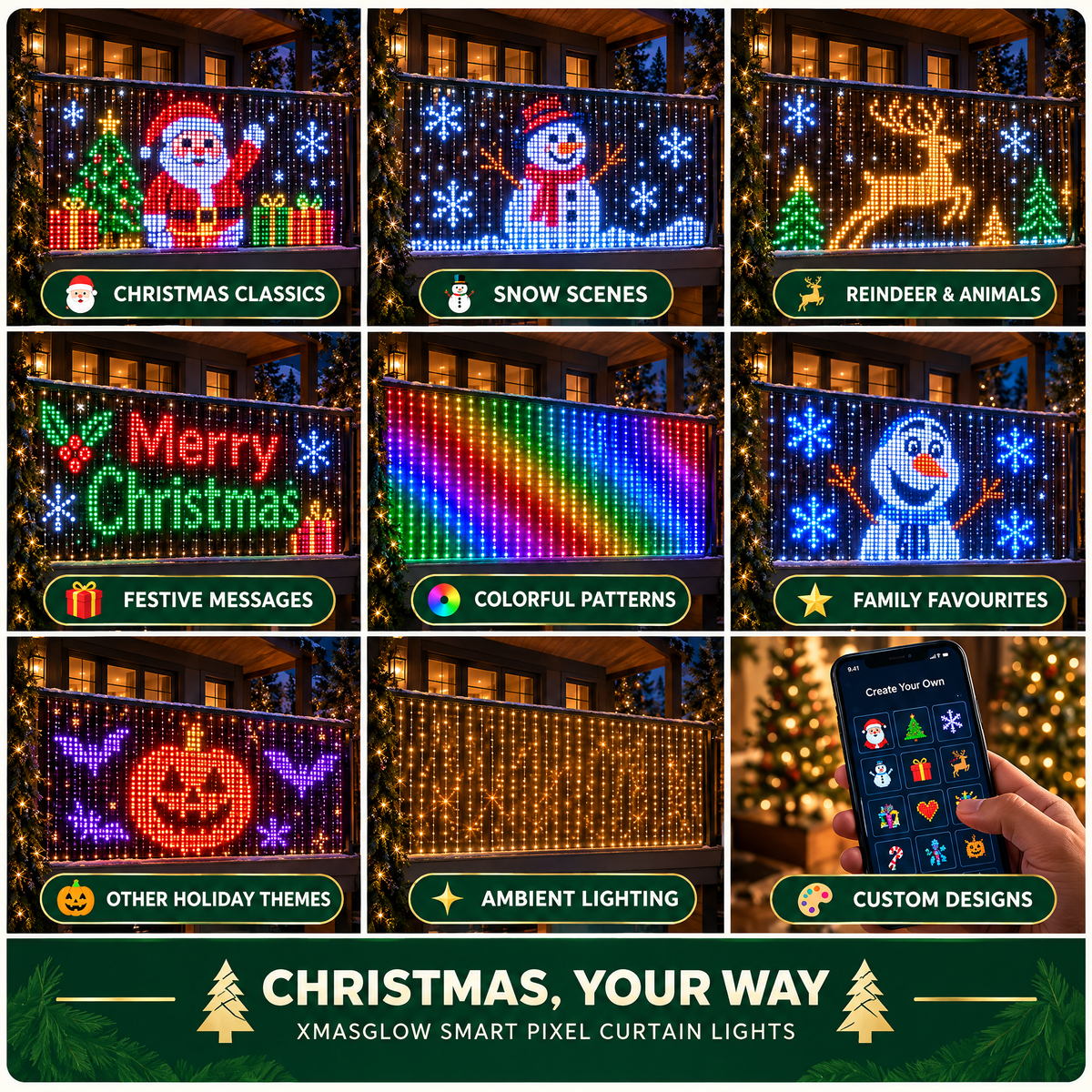XmasGlow pixel curtain light designs: Christmas classics, snow scenes, reindeer, festive messages, colorful patterns, family favorites, holiday themes, ambient lighting and custom designs