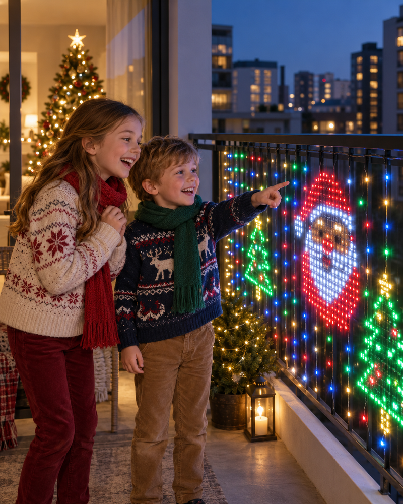 Children smiling at a Santa pixel light display on a balcony