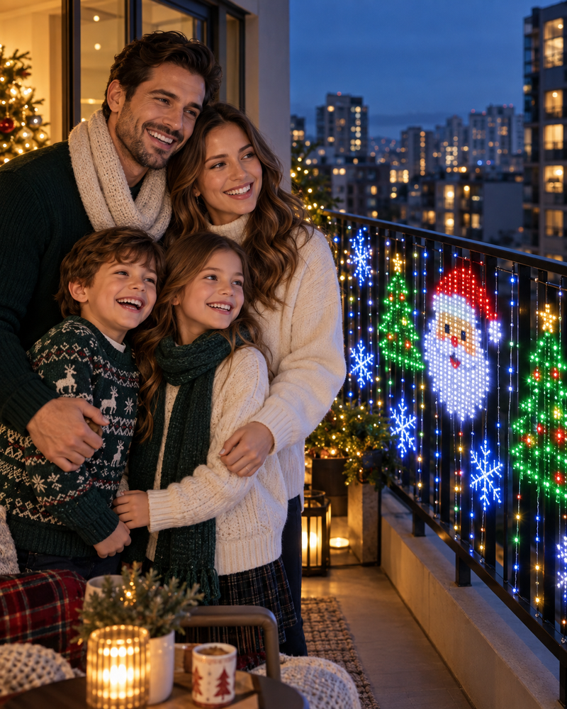 A family together beside festive pixel lights on an apartment balcony