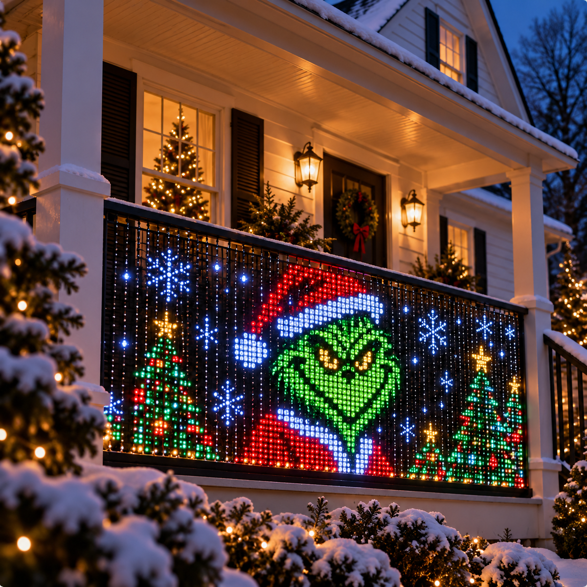 Christmas pixel curtain lights decorating the railing of an American porch